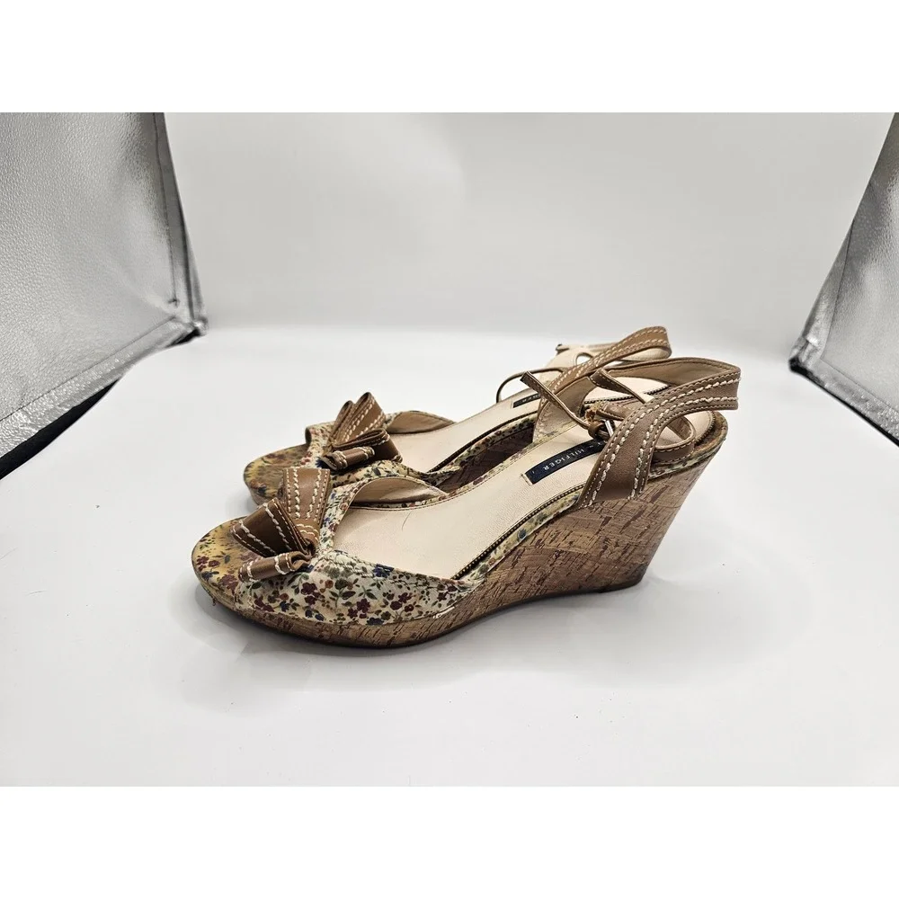 Tommy Hilfiger Floral Cork Wedge Sandals Brown Tan Bow Ankle Strap Peep Toe